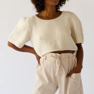 Longway Hand Crochet Bubble Short Sleeve Beige Crop Top Size 1 / Small
